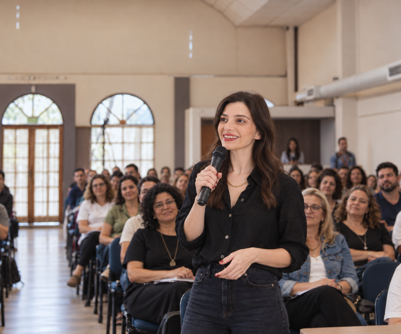 Raquel Walsh falando ao microfone diante de uma plateia